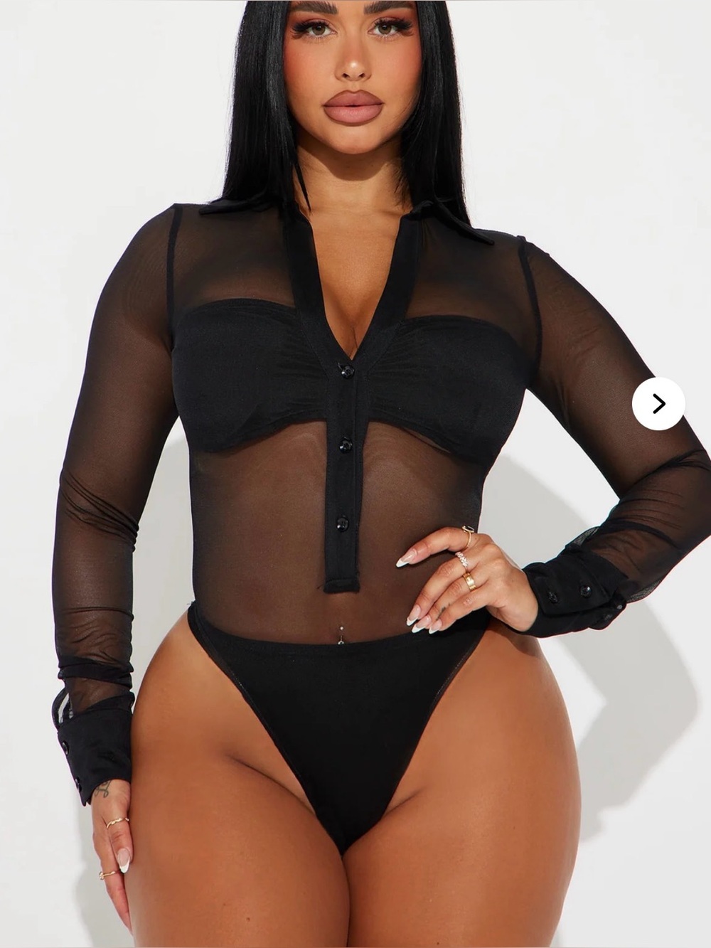 Fashion Nova Sheer Black Button-Front Mesh Bodysuit